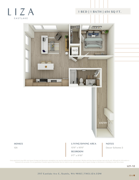 Liza Apartment 3D floor plan - 1x1 656 sqft